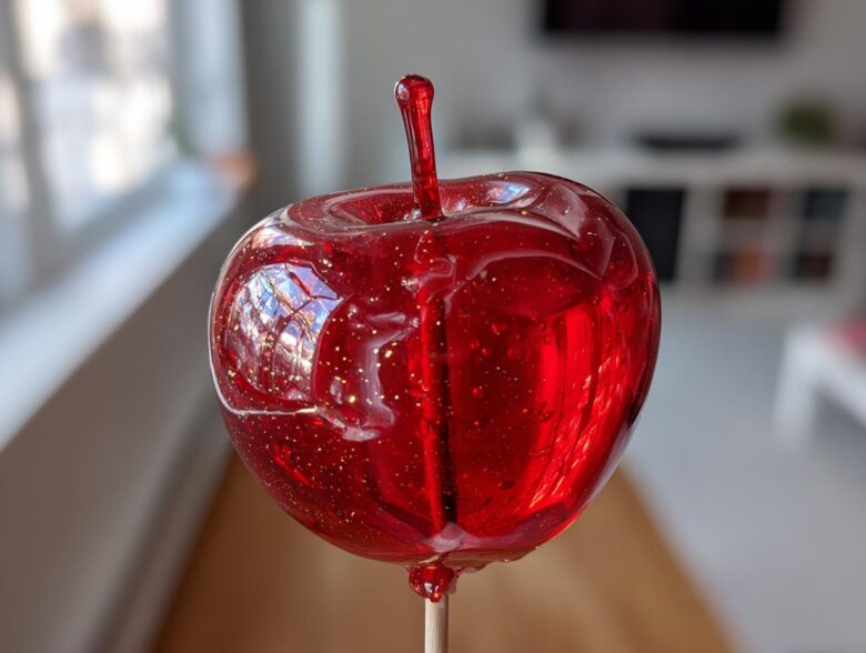 A perfectly coated, glossy red candy apple with gold glitter suspended in the hard shell.