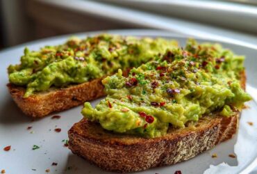 Two slices of rustic bread topped with chunky, bright green avocado toast and sprinkled with red pepper flakes.