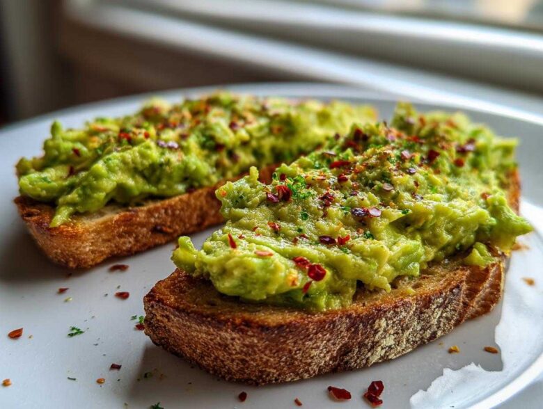 Two slices of rustic bread topped with chunky, bright green avocado toast and sprinkled with red pepper flakes.
