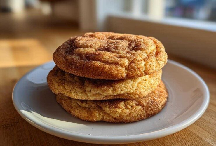 A stack of three soft, thick applesauce cookies generously coated in cinnamon sugar.