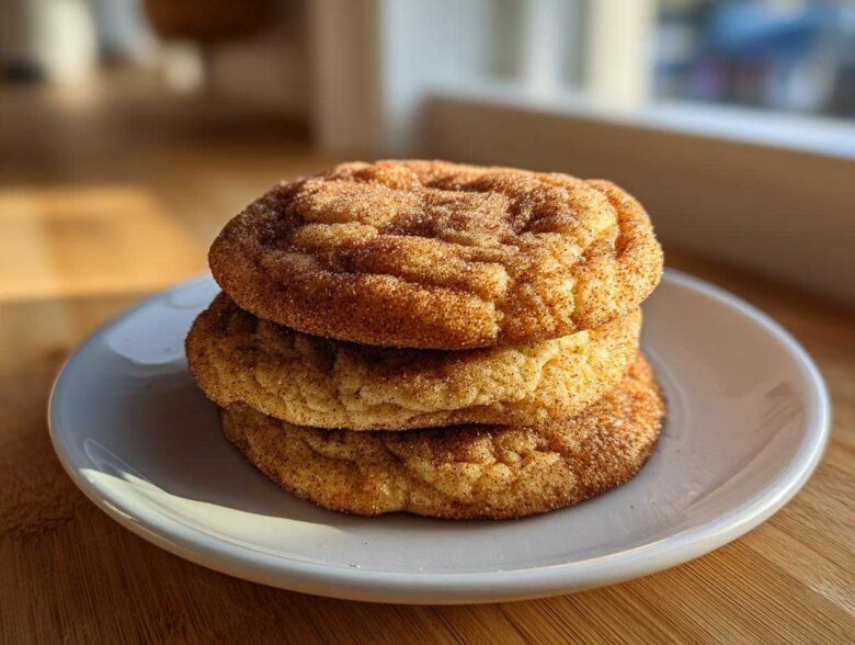 A stack of three soft, thick applesauce cookies generously coated in cinnamon sugar.
