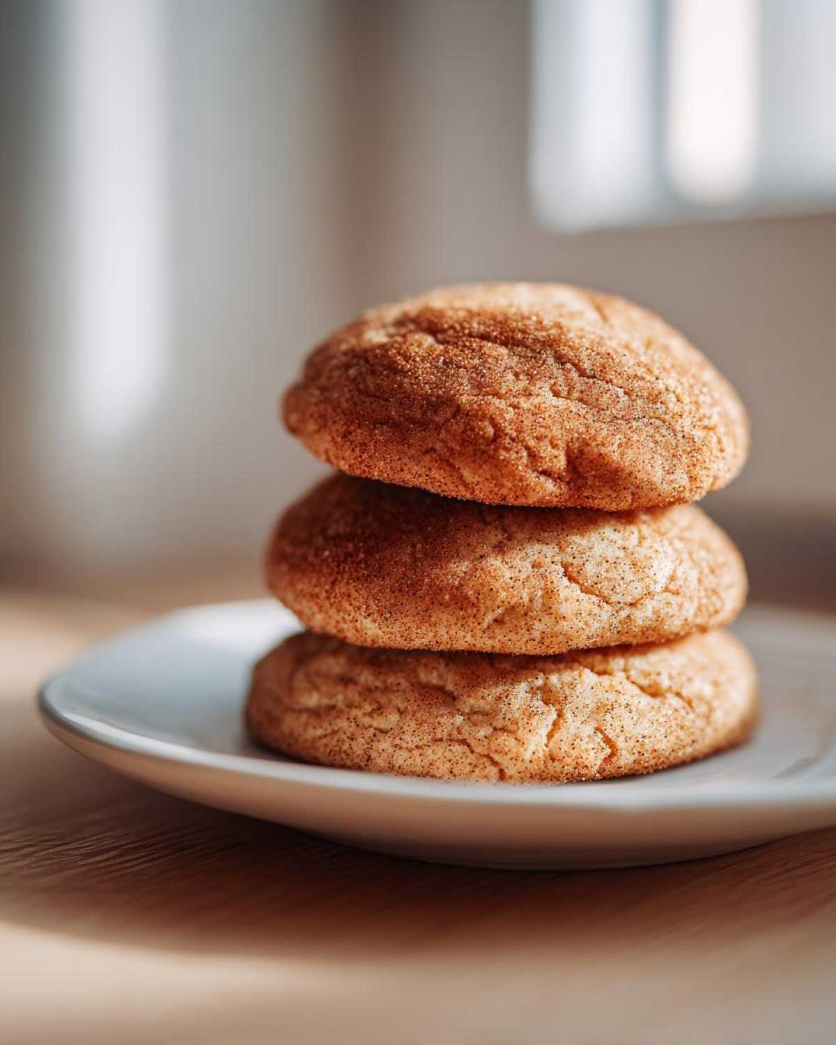 Three soft, round applesauce cookies stacked on a white plate, coated in cinnamon sugar.