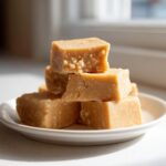 A stack of rich, light brown penuche fudge squares piled on a small white plate near a window.