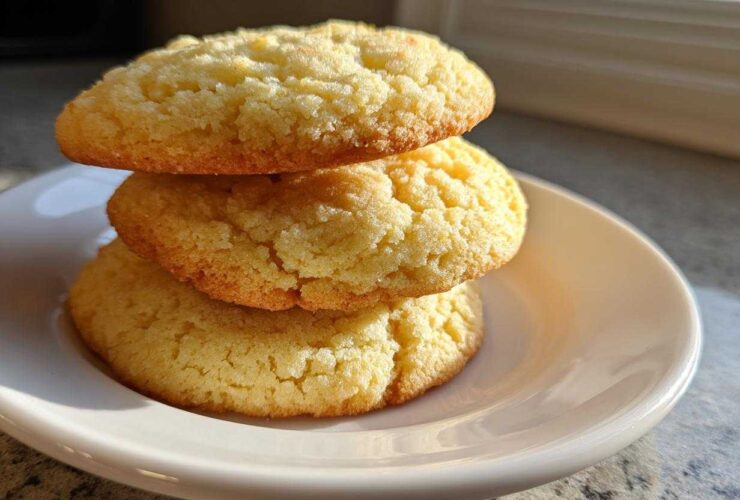 Three thick, golden brown sugar cookies stacked vertically on a small white plate, catching sunlight.