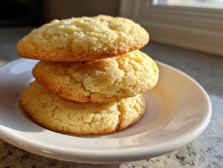Three thick, golden brown sugar cookies stacked vertically on a small white plate, catching sunlight.