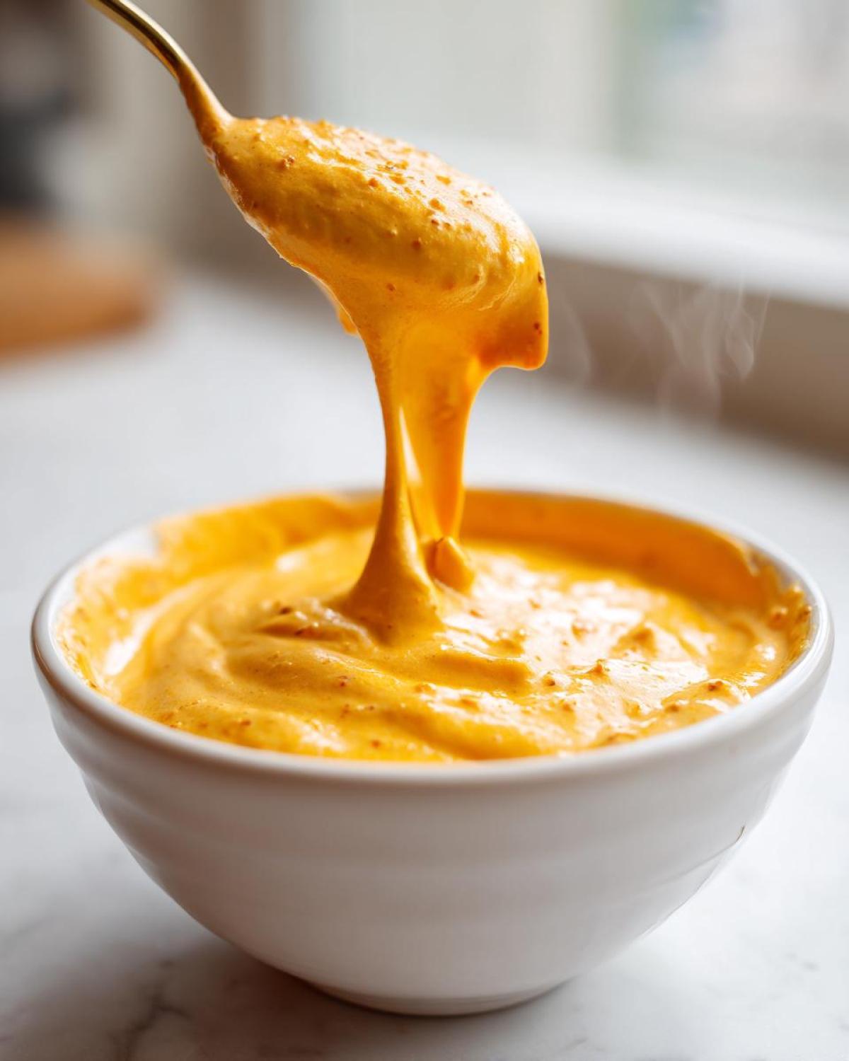 A spoonful of thick, steaming hot beer cheese dip is being lifted from a white bowl, showing its creamy texture.