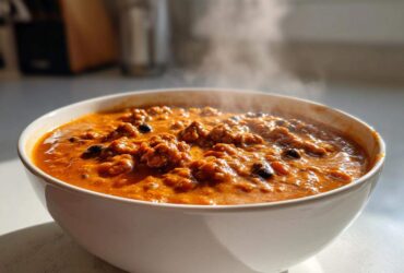 Close-up of a steaming white bowl filled with thick, rich pumpkin chili featuring ground meat and black beans.