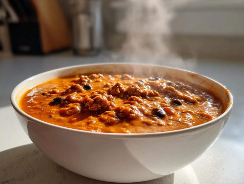 Close-up of a steaming white bowl filled with thick, rich pumpkin chili featuring ground meat and black beans.