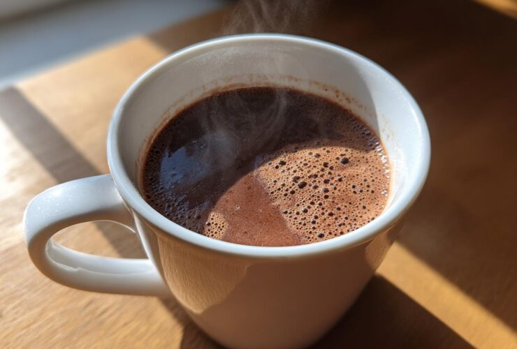 A close-up of a steaming white mug filled with rich, dark French hot chocolate, catching sunlight on a wooden surface.