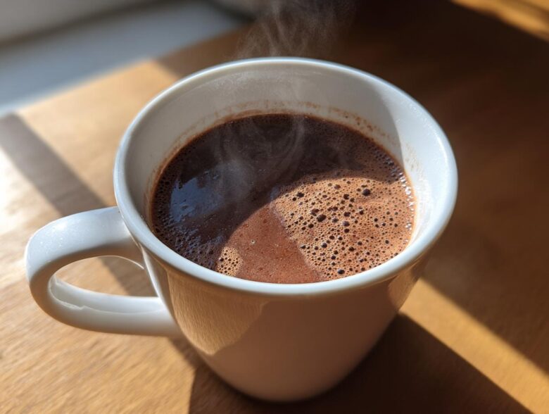 A close-up of a steaming white mug filled with rich, dark French hot chocolate, catching sunlight on a wooden surface.