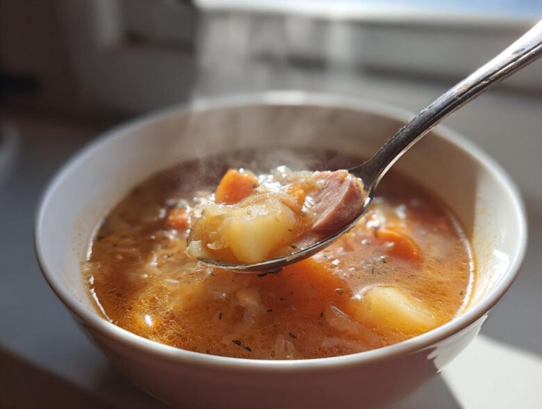 A spoonful of steaming sauerkraut soup, showing sausage, potatoes, and carrots, lifted from a white bowl.