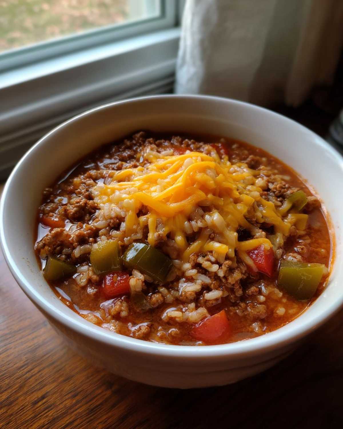 A close-up of a white bowl filled with rich stuffed pepper soup, featuring ground meat, rice, peppers, and melted cheddar cheese.