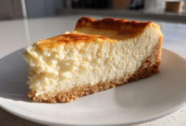 A close-up slice of creamy sugar cookie cheesecake with a golden-brown top and thick crust on a white plate.