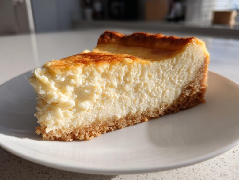 A close-up slice of creamy sugar cookie cheesecake with a golden-brown top and thick crust on a white plate.