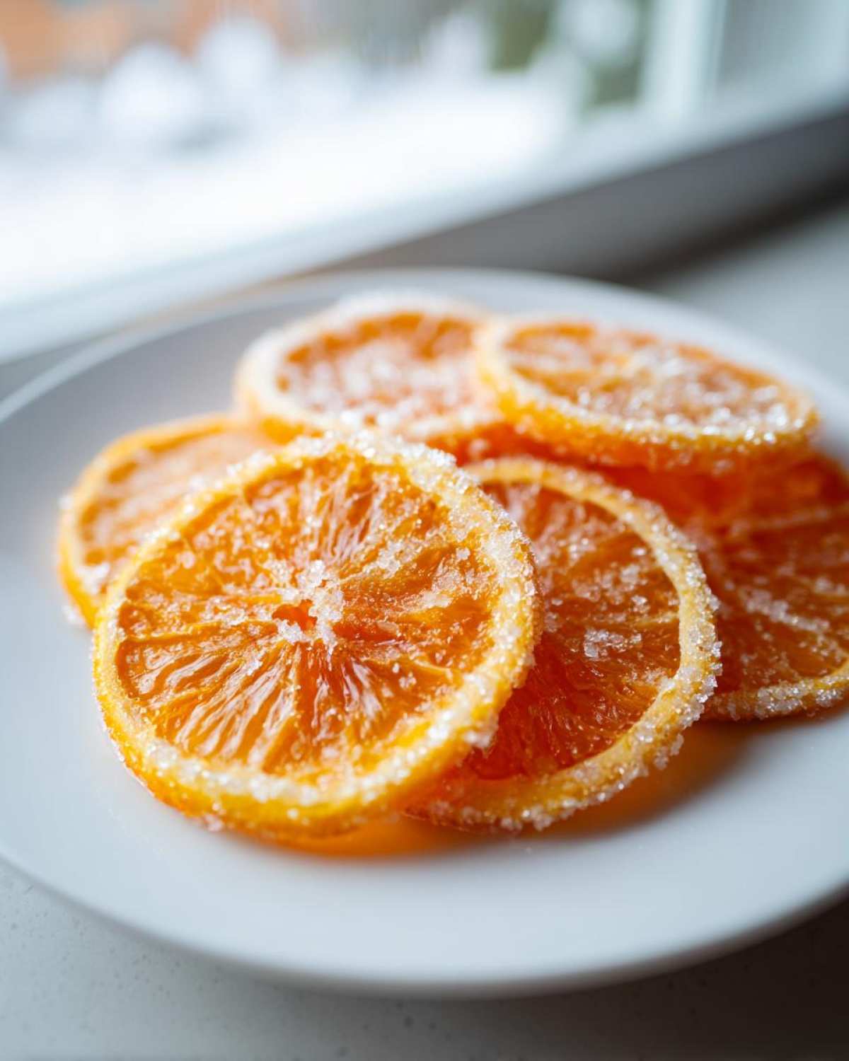 Close-up of several bright orange candied orange slices generously coated in sparkling white sugar.