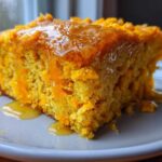 Close-up of a moist slice of bright orange sweet potato cornbread drizzled generously with golden honey.
