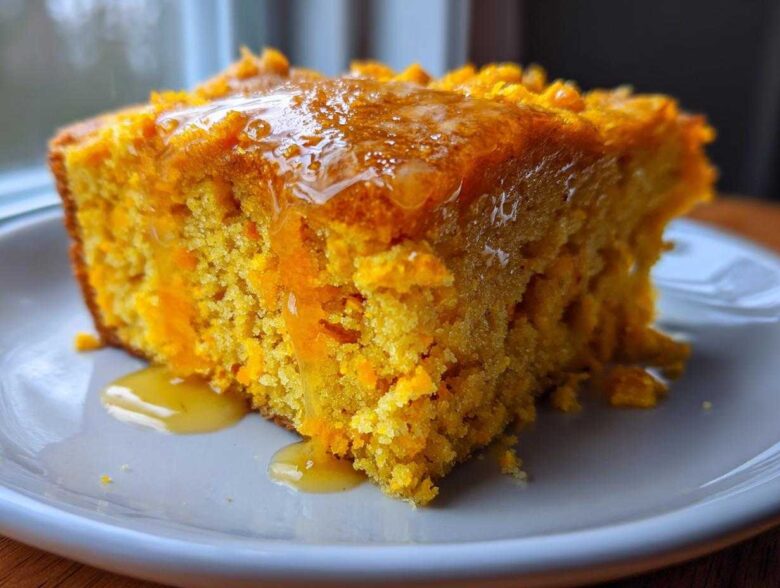 Close-up of a moist slice of bright orange sweet potato cornbread drizzled generously with golden honey.