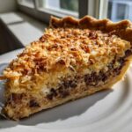 A close-up slice of Texas Trash Pie featuring a flaky crust, chocolate chips, and toasted coconut topping.