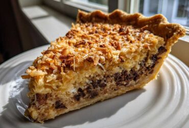 A close-up slice of Texas Trash Pie featuring a flaky crust, chocolate chips, and toasted coconut topping.
