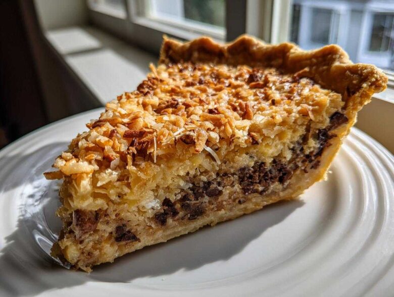 A close-up slice of Texas Trash Pie featuring a flaky crust, chocolate chips, and toasted coconut topping.
