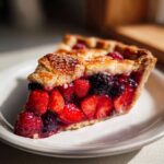 Close-up of a juicy slice of triple berry pie showing strawberries and blackberries, topped with coarse sugar.