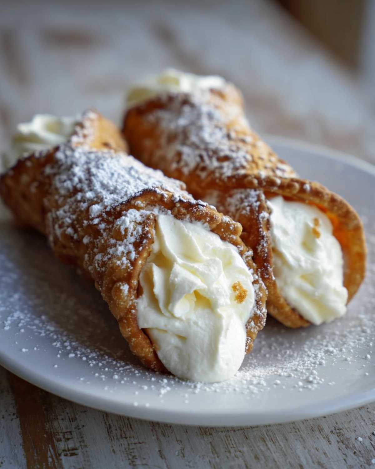 Close-up of two freshly filled cannoli, dusted with powdered sugar, ready to eat from our cannoli recipe.