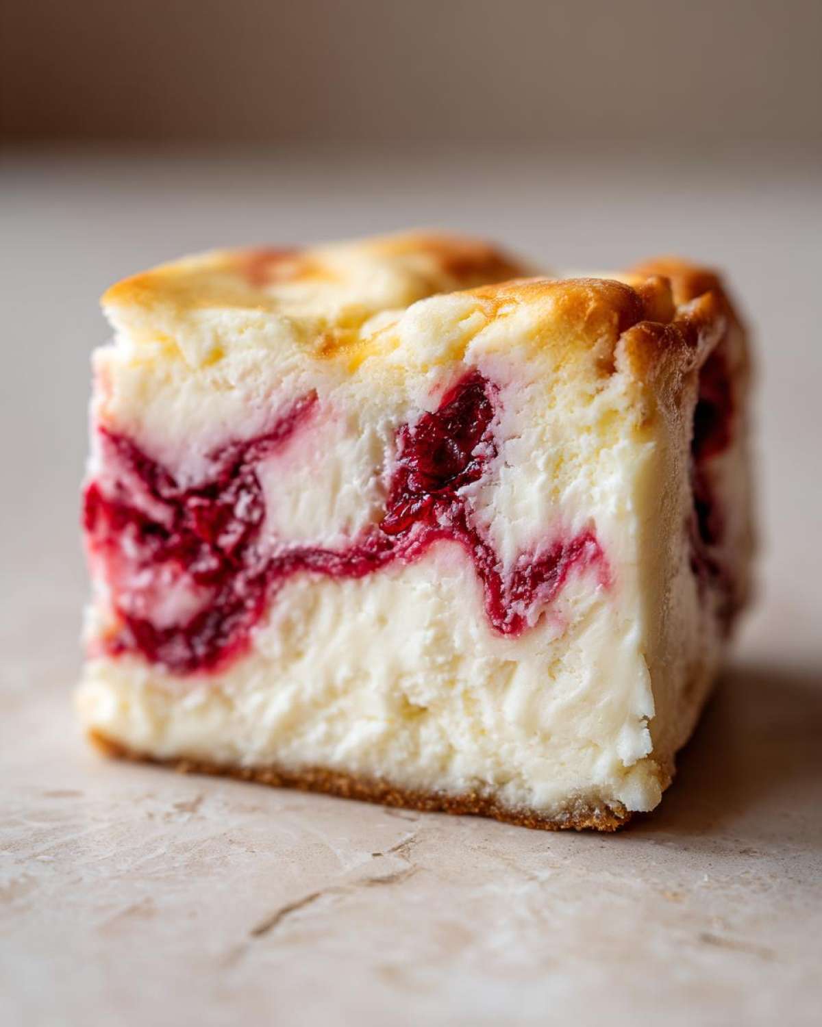 Close-up of a rich slice of white chocolate cheesecake featuring a vibrant raspberry swirl throughout the creamy filling.