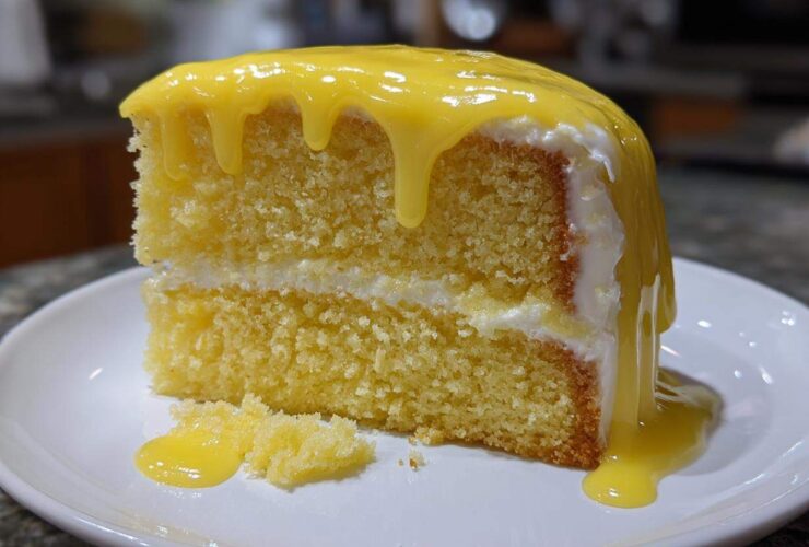 A moist slice of yellow layer cake topped with thick, dripping lemon glaze, part of a lemon cake recipe.