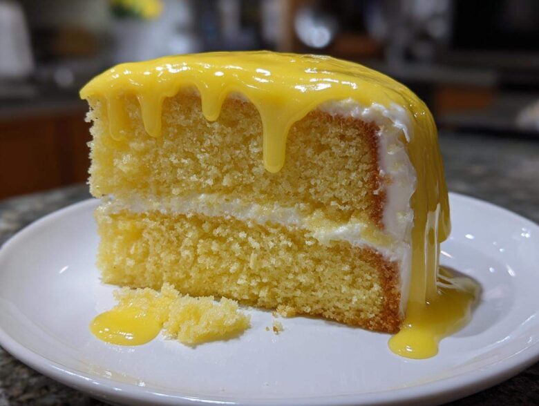 A moist slice of yellow layer cake topped with thick, dripping lemon glaze, part of a lemon cake recipe.