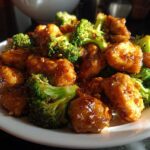 Close-up of saucy, glazed chicken and bright green broccoli florets, perfect for a chicken and broccoli dinner.