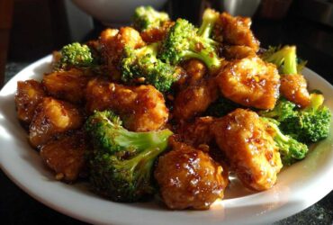 Close-up of saucy, glazed chicken and bright green broccoli florets, perfect for a chicken and broccoli dinner.