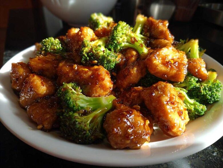 Close-up of saucy, glazed chicken and bright green broccoli florets, perfect for a chicken and broccoli dinner.
