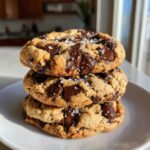 Three thick, gooey chocolate chip cookies stacked on a white plate, topped with flaky sea salt.