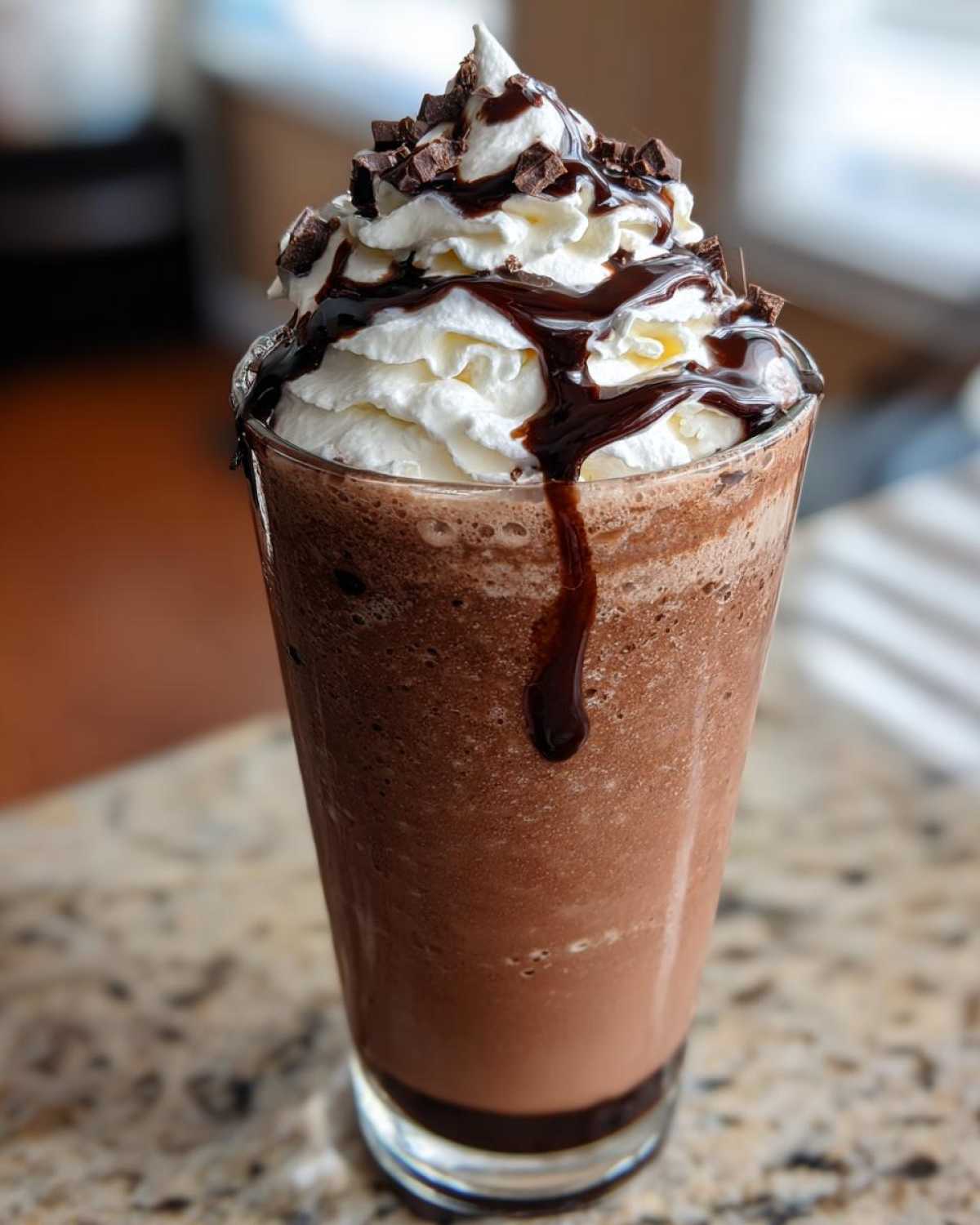 Close-up of a tall glass filled with thick, blended frozen hot chocolate topped with whipped cream and chocolate syrup.