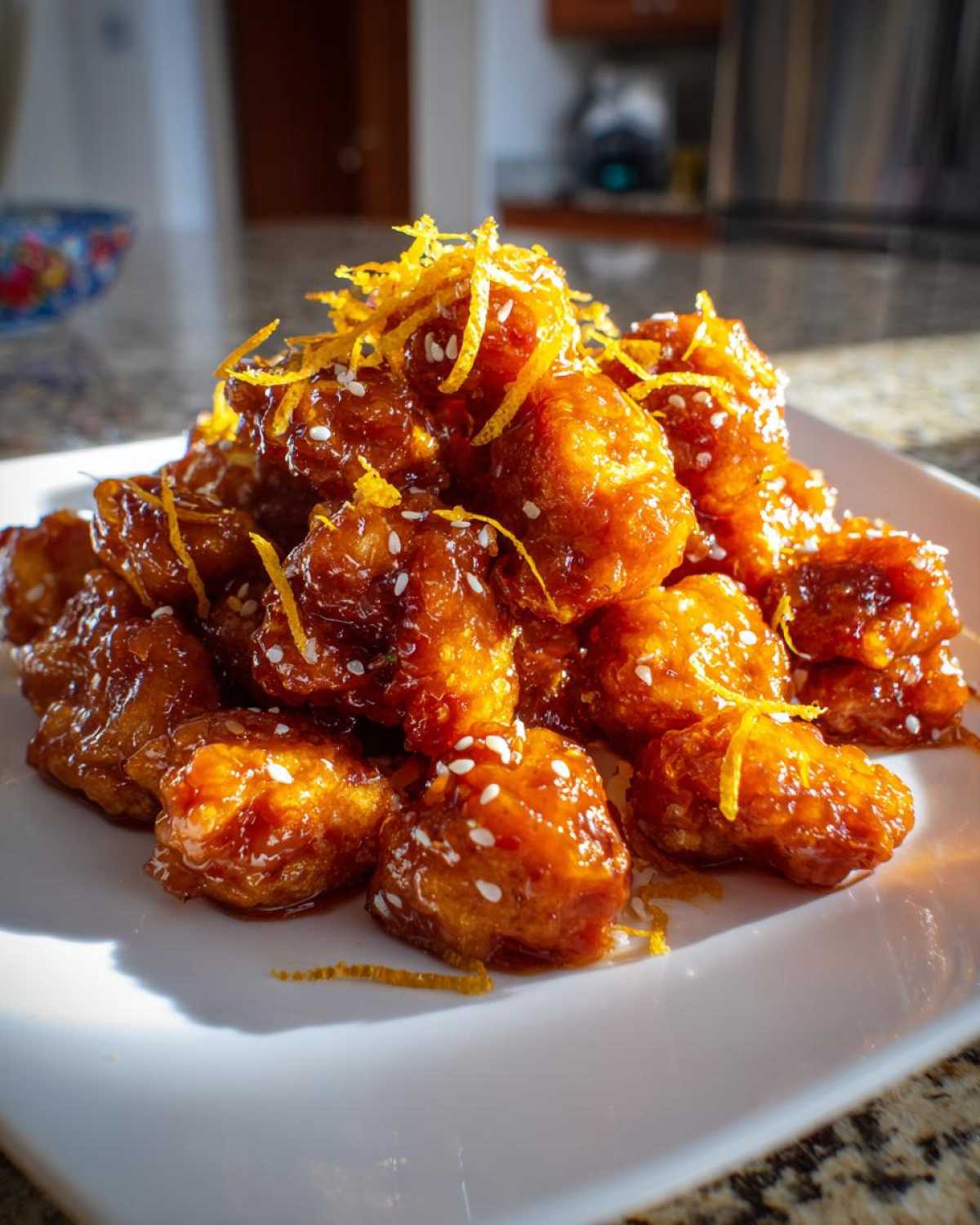 Close-up of crispy, glazed orange chicken recipe pieces topped with sesame seeds and bright orange zest.
