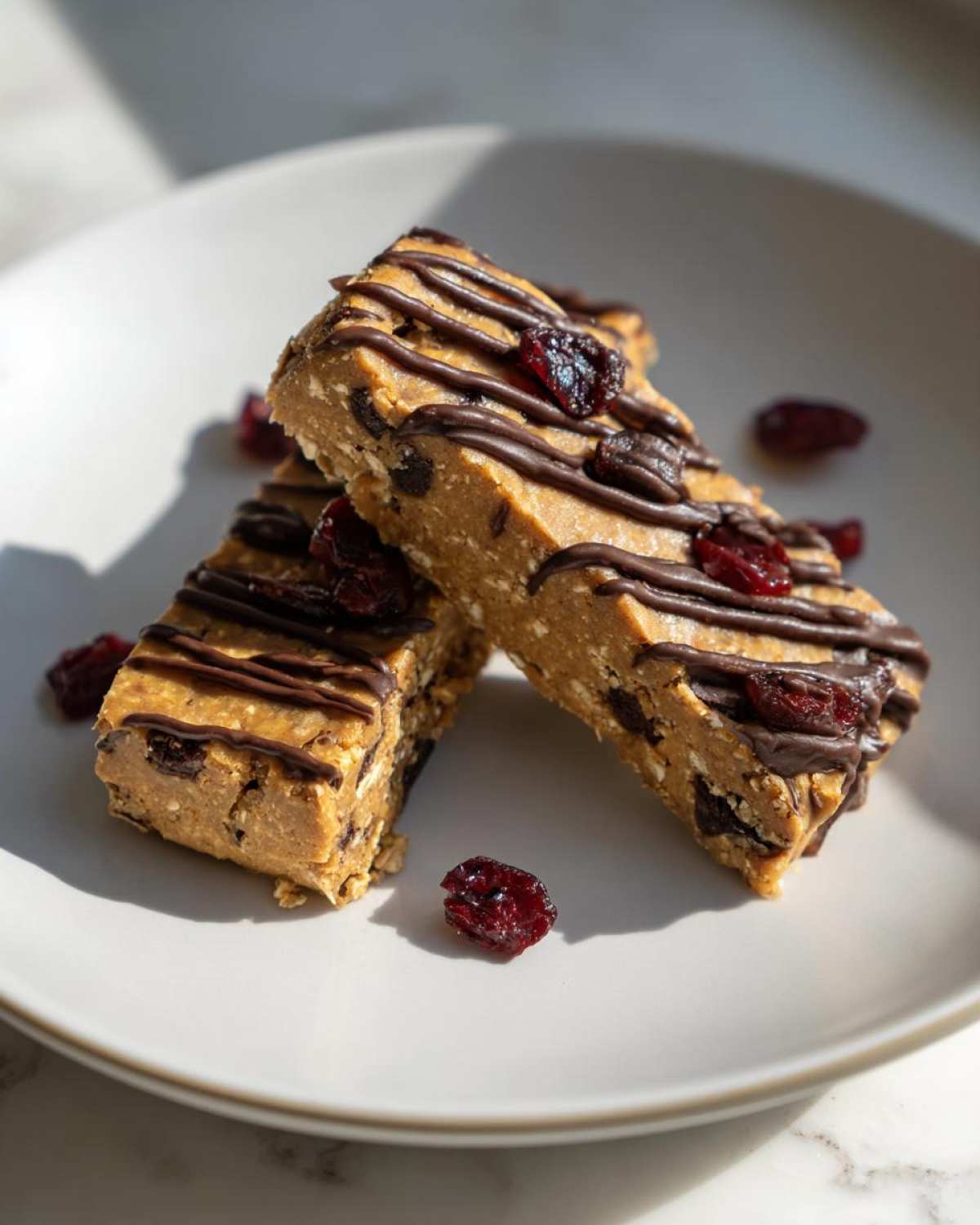 Two rectangular homemade protein bars topped with chocolate drizzle and dried cranberries on a white plate.