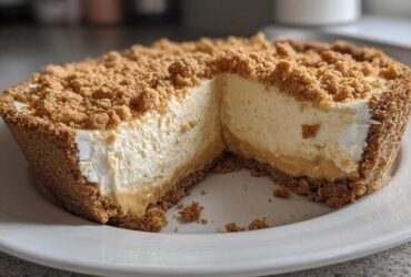 A slice removed from a creamy peanut butter pie showing the graham cracker crust and crumb topping.