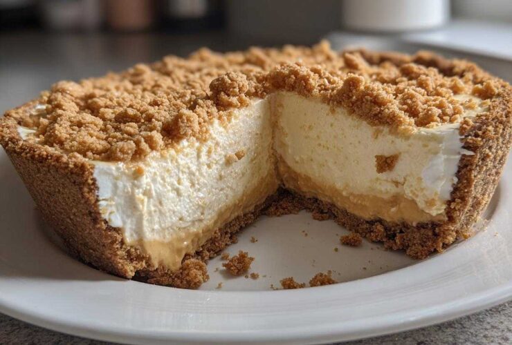 A slice removed from a creamy peanut butter pie showing the graham cracker crust and crumb topping.