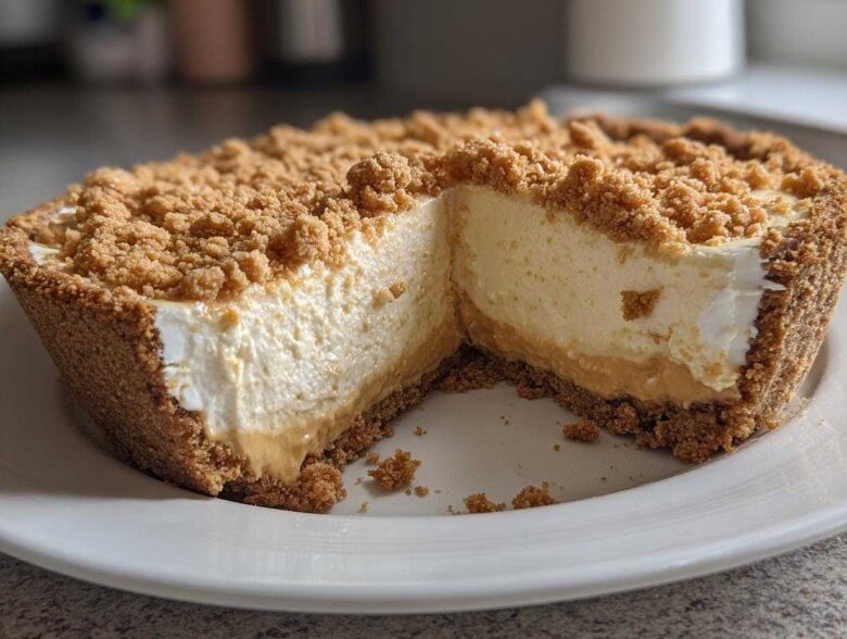 A slice removed from a creamy peanut butter pie showing the graham cracker crust and crumb topping.