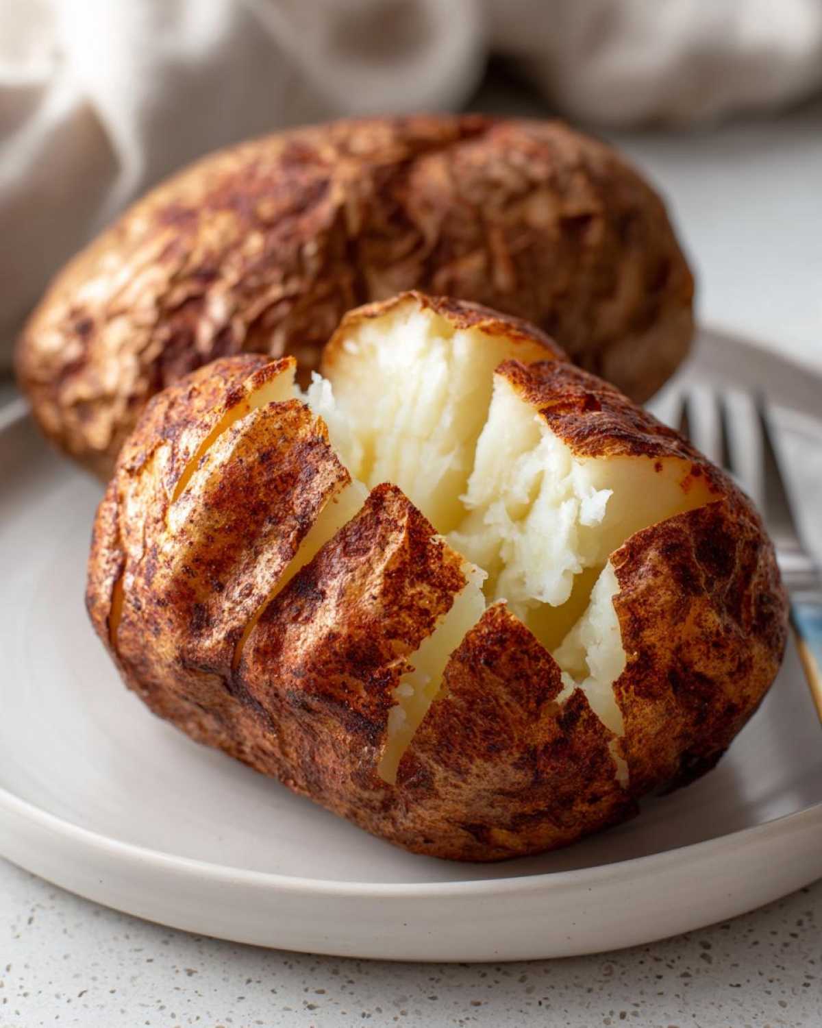Close-up of a perfectly cooked air fryer baked potato, split open to show fluffy interior.