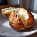 Close-up of a perfectly cooked air fryer baked potato, split open to show fluffy white interior and crispy golden skin.