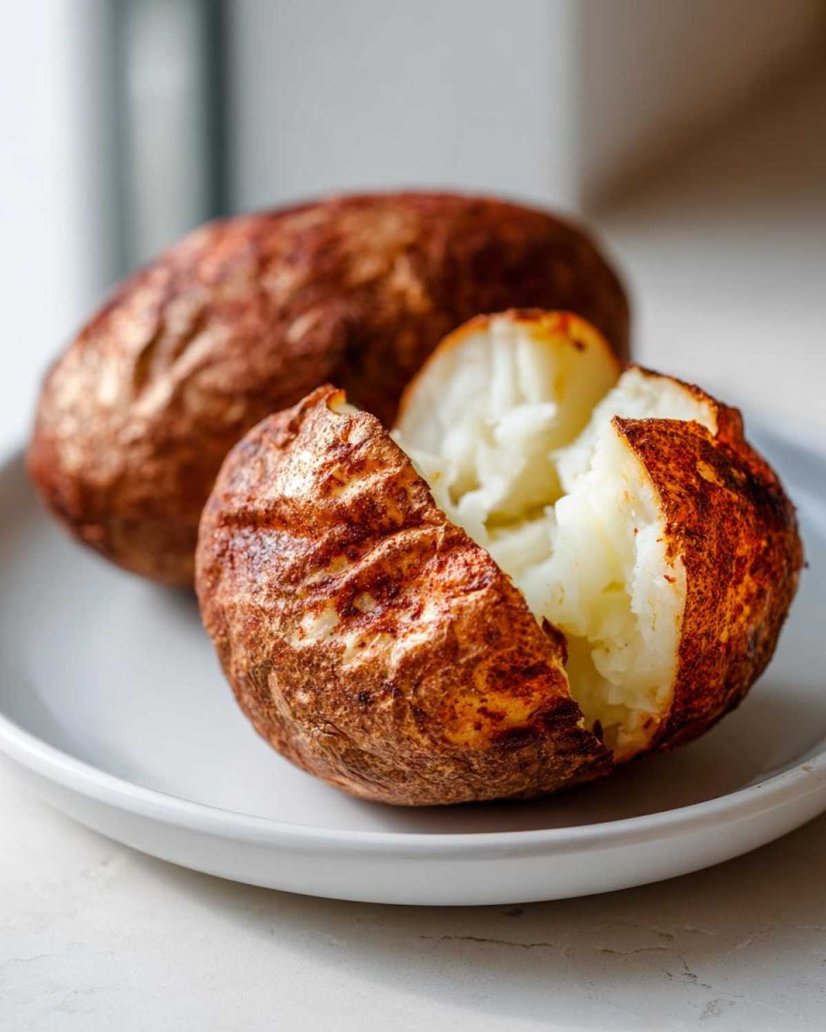 A close-up of a perfectly cooked air fryer baked potato, split open to show the fluffy white interior and crispy seasoned skin.