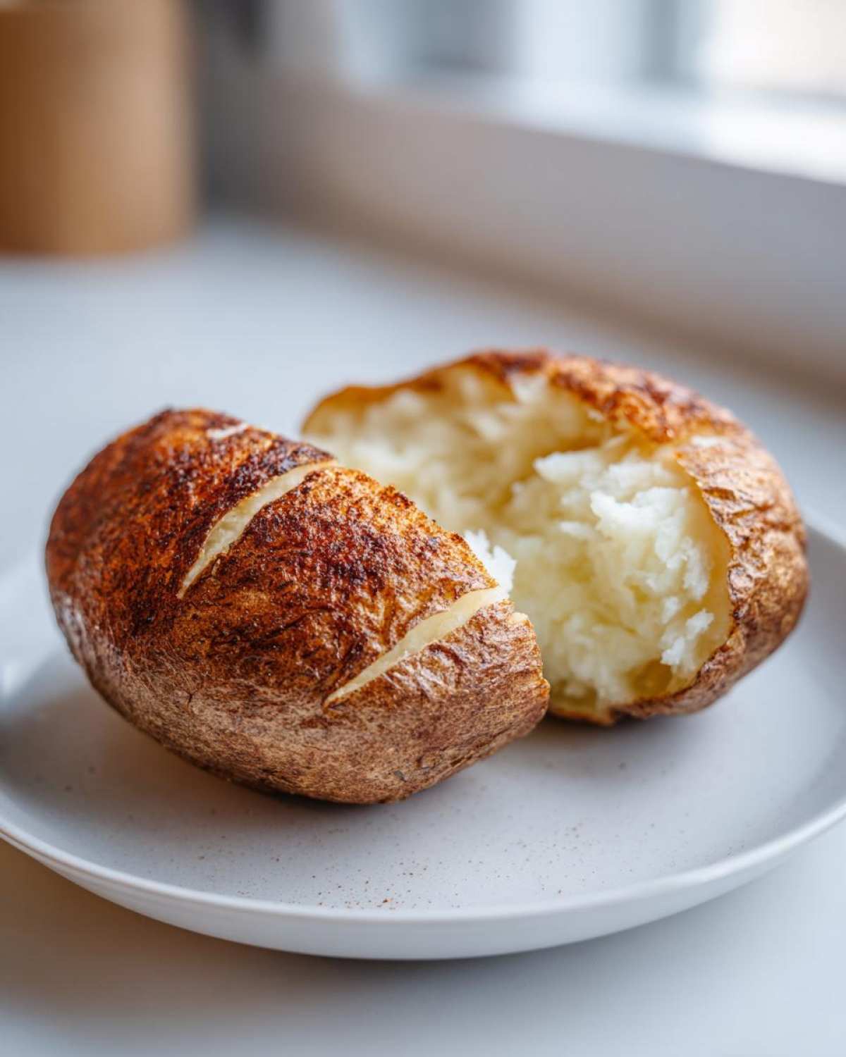 A perfectly cooked air fryer baked potato, split open to show the fluffy white interior.