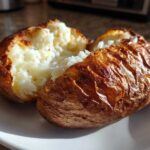 A perfectly cooked air fryer baked potato split in half, showing fluffy white interior and crispy, golden-brown skin.