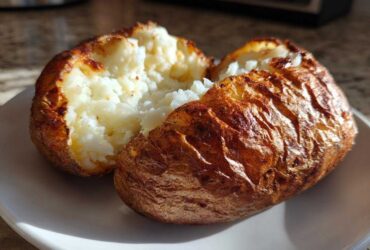 A perfectly cooked air fryer baked potato split in half, showing fluffy white interior and crispy, golden-brown skin.
