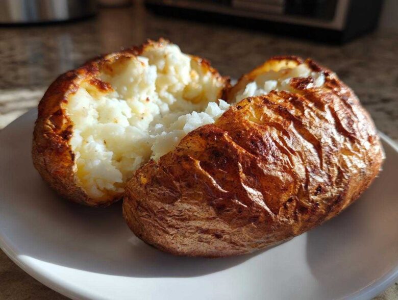 A perfectly cooked air fryer baked potato split in half, showing fluffy white interior and crispy, golden-brown skin.