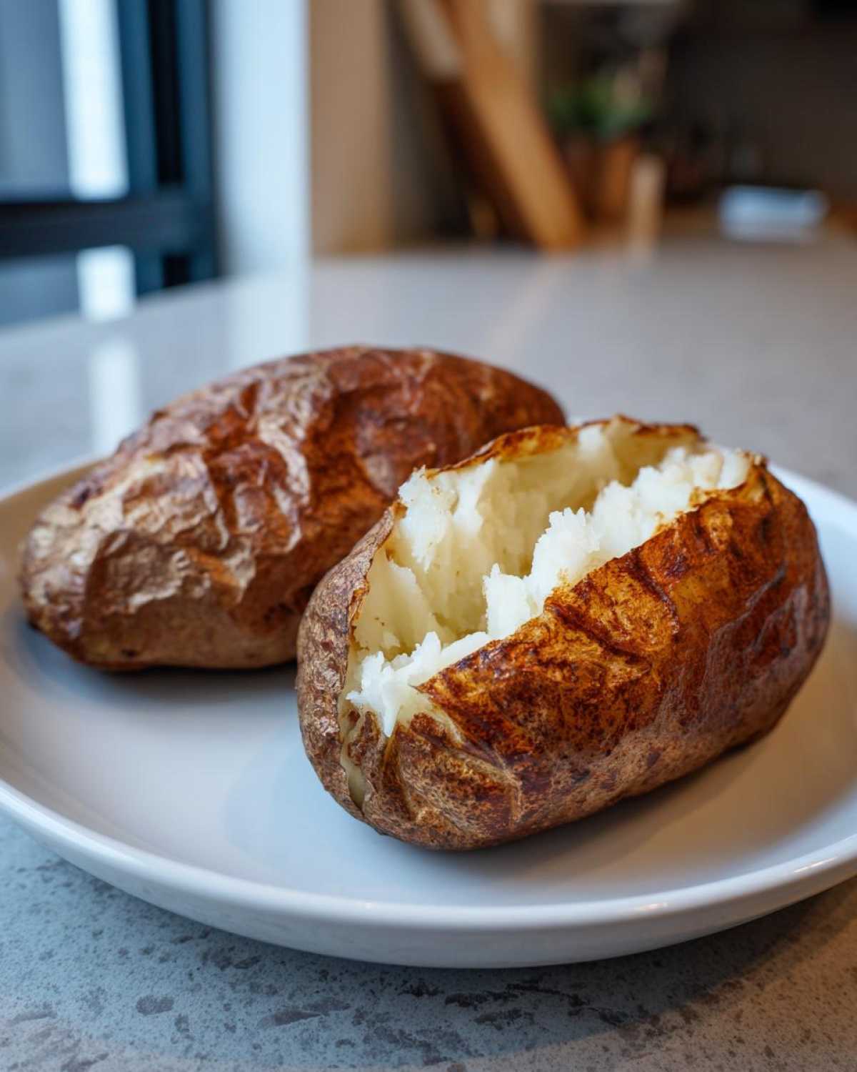 Two crispy-skinned air fryer baked potato specimens on a white plate, one split open showing fluffy white interior.