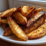 A close-up of a mound of crispy, golden brown air fryer potato wedges seasoned with paprika, served on a white plate.
