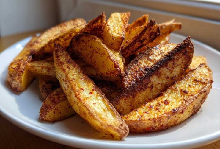 A close-up of a mound of crispy, golden brown air fryer potato wedges seasoned with paprika, served on a white plate.