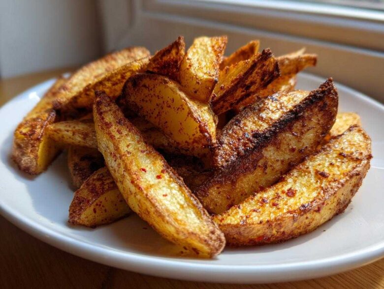 A close-up of a mound of crispy, golden brown air fryer potato wedges seasoned with paprika, served on a white plate.